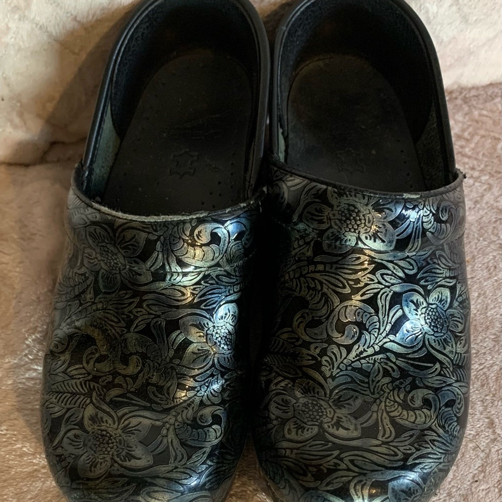 Clarks Black and Silver Mules with Rounded Toe
